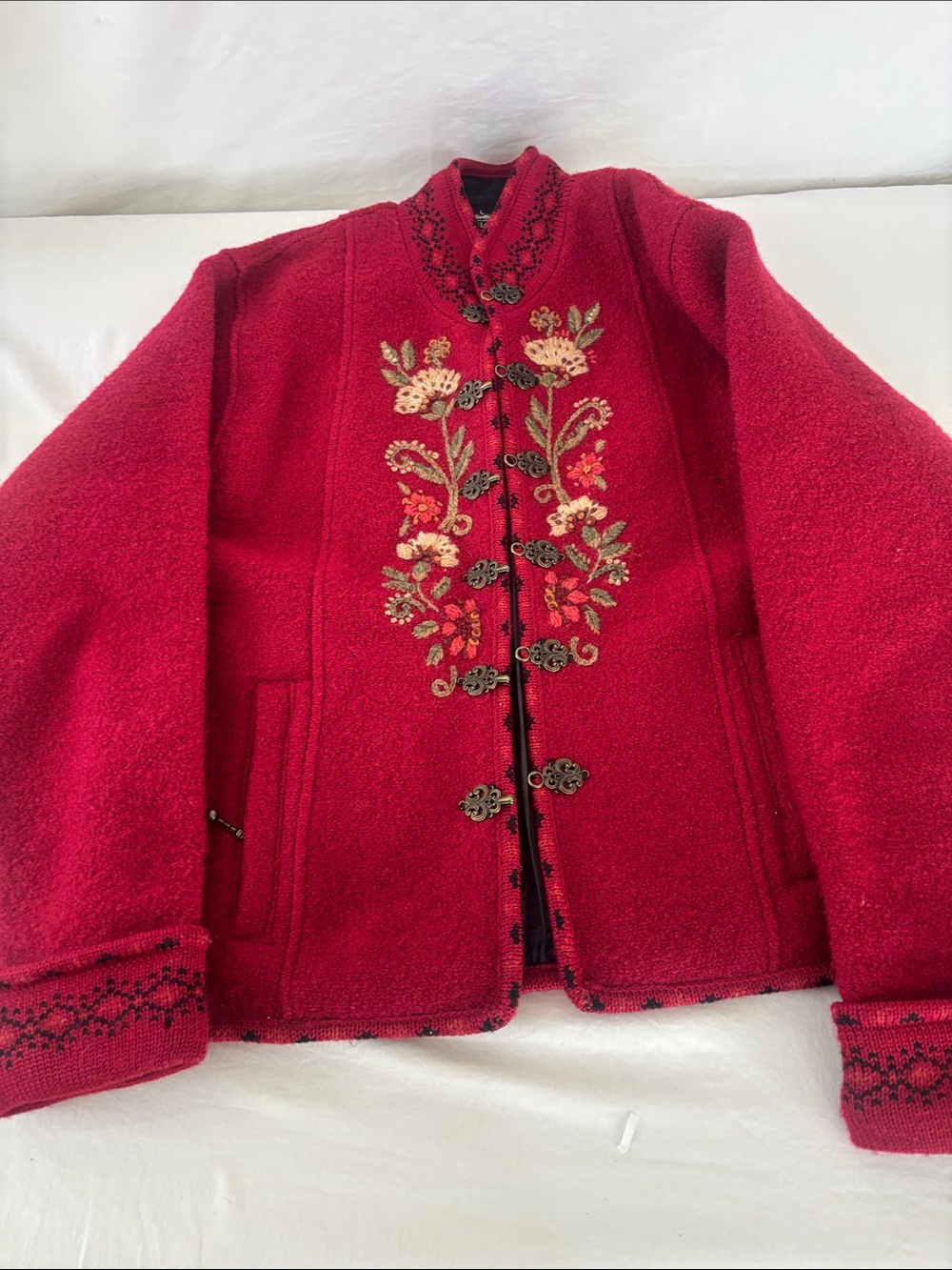 Embroidered Red Teddy Jacket with Decorative Toggles - Women. Size M 100% Wool.